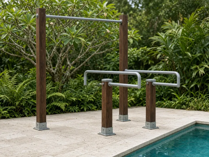Pull-up bar with parallel dip bars on a pool deck