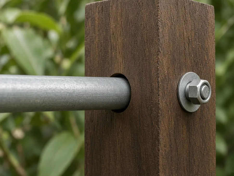 Galvanised steel bar passing through a bengkirai post, with a galvanised through-bolt
