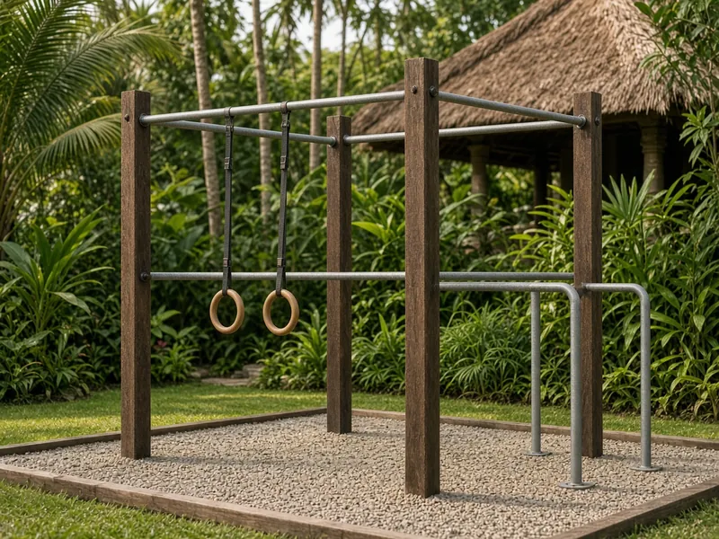 Bengkirai and steel jungle gym with rings and dip bars on pea gravel
